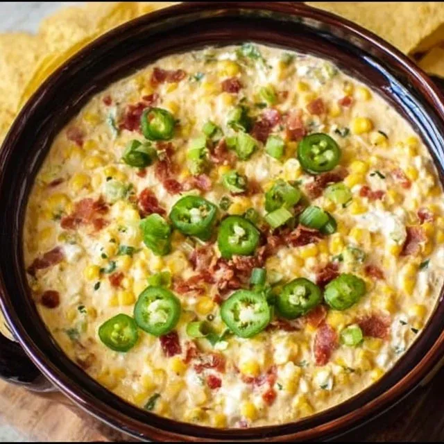 Slow Cooker Spicy Corn Dip Delight served in a bowl with tortilla chips