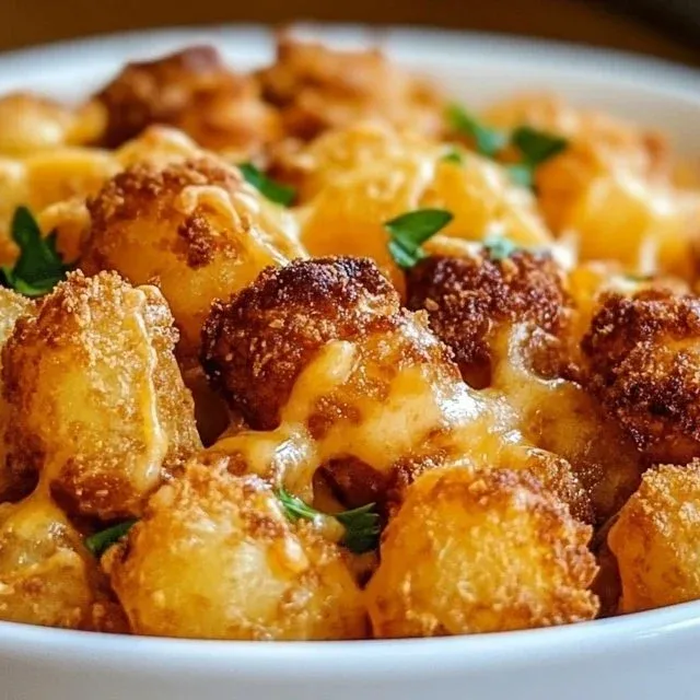 Delicious homemade Tater Tot Casserole topped with cheese and served in a baking dish