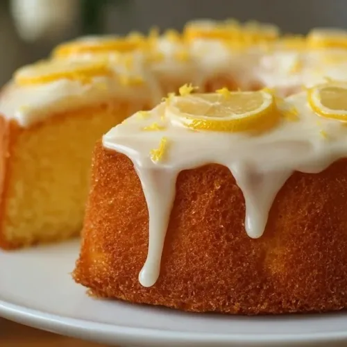 Delicious lemon cake topped with lemon frosting and fresh lemon slices