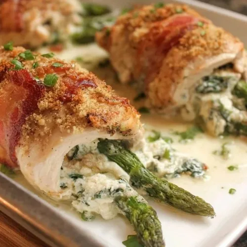 Asparagus stuffed chicken breasts plated with herbs and a side of vegetables