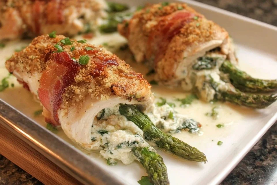 Asparagus stuffed chicken breasts plated with herbs and a side of vegetables
