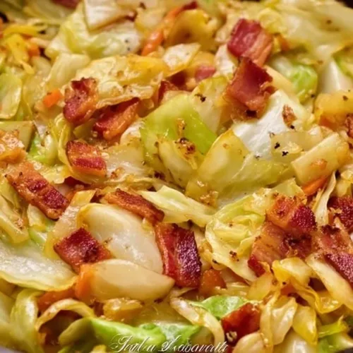 Delicious Bacon and Cabbage Stir Fry with vibrant colors in a skillet