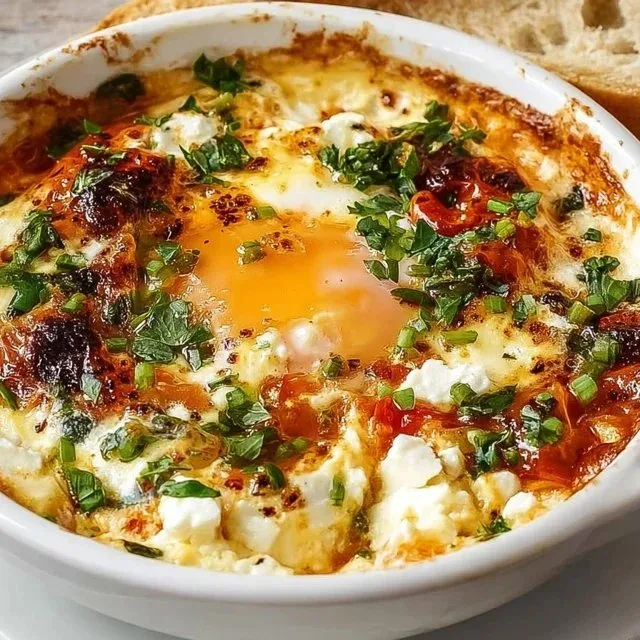 Baked feta eggs served in a rustic dish with herbs and spices.