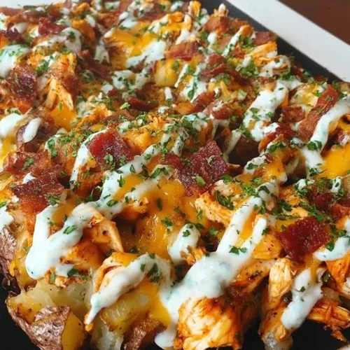 Delicious Blackstone Buffalo Chicken Loaded Potatoes topped with cheese and sauce