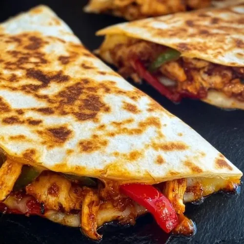 Delicious Blackstone Chicken Fajita Quesadillas served on a plate with toppings.