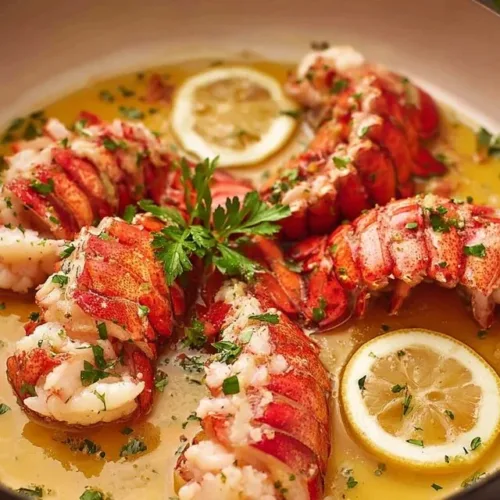 Delicious butter poached lobster tails served with herbs and lemon