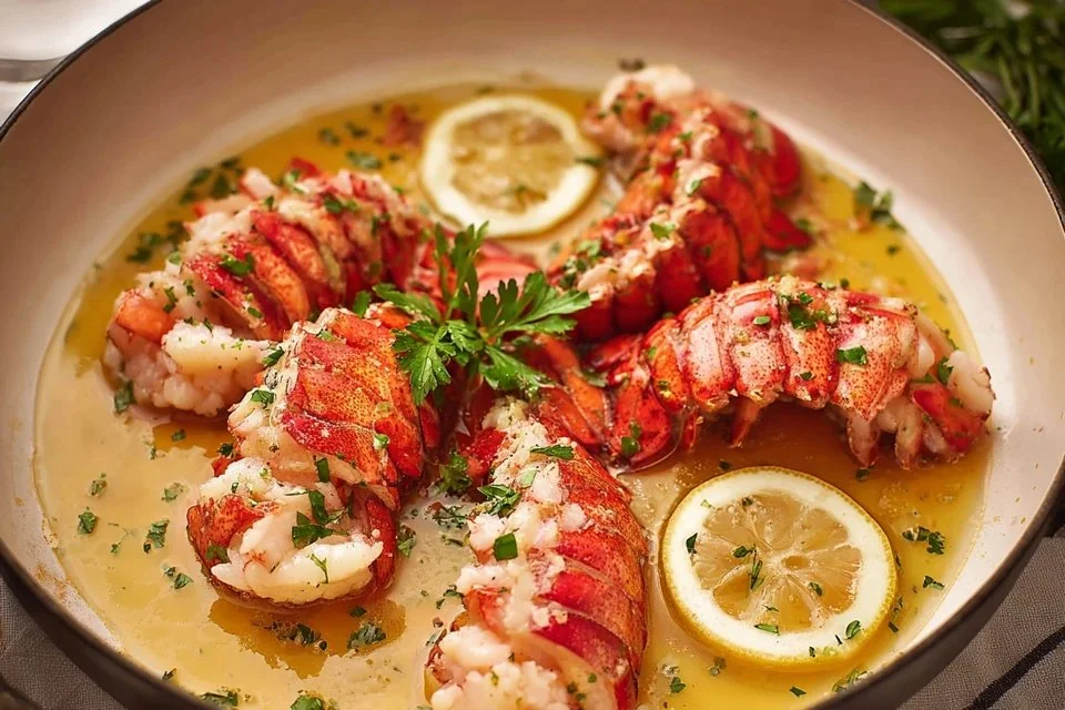 Delicious butter poached lobster tails served with herbs and lemon