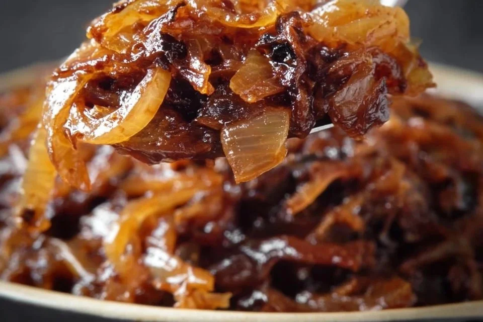 Deliciously caramelized onions in a skillet, showcasing their rich golden color.