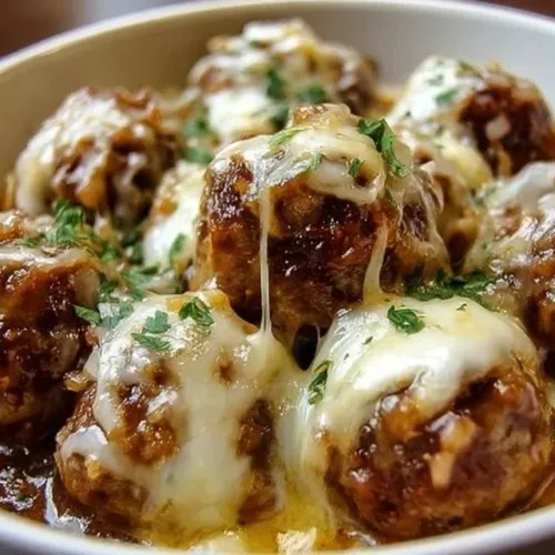 Cheesy French onion meatballs served in a savory onion sauce