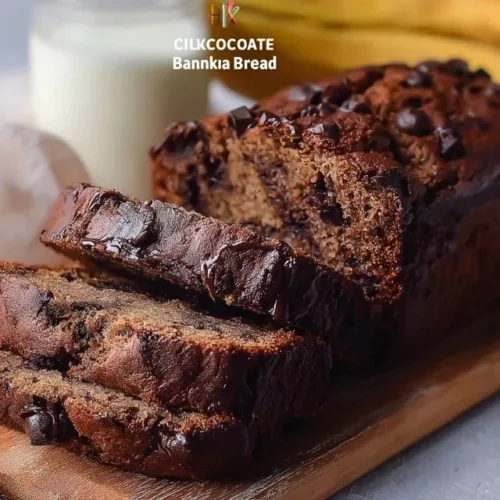 Delicious chocolate banana bread loaf, baked to perfection with chocolate chips and ripe bananas.