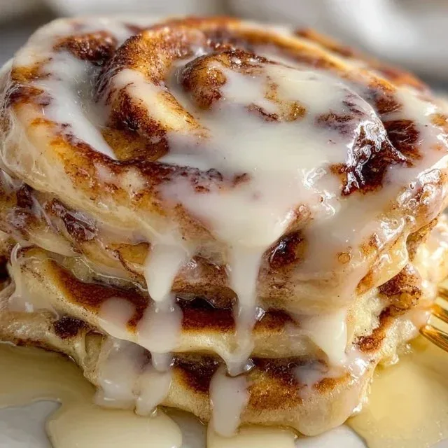 Fluffy cinnamon roll pancakes drizzled with icing and sprinkled with cinnamon on a plate.