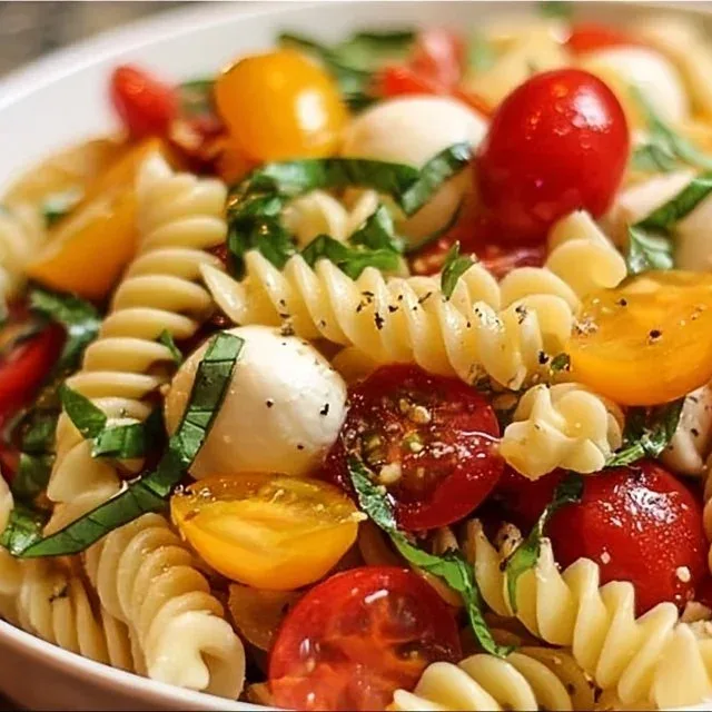 Colorful Caprese Pasta Salad with fresh tomatoes, mozzarella, and basil