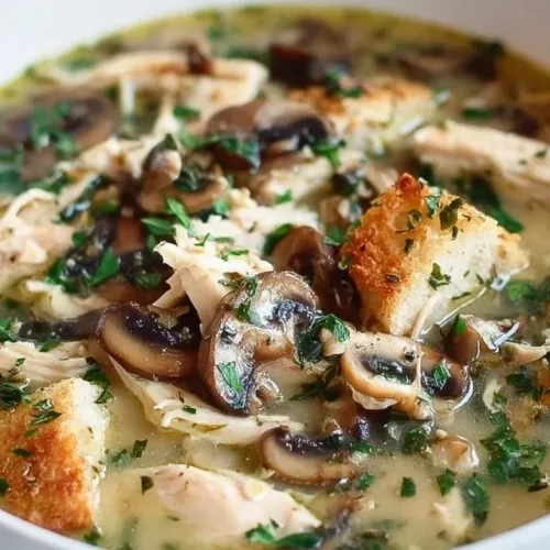 Bowl of comforting rotisserie chicken and mushroom soup garnished with herbs