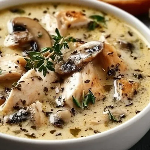 Creamy rotisserie chicken and mushroom soup garnished with fresh herbs