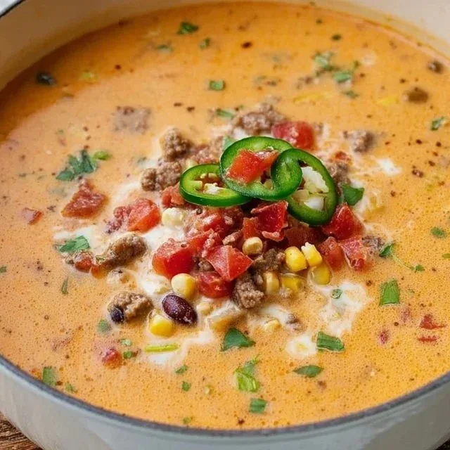 Bowl of creamy taco soup with toppings like cheese and cilantro.