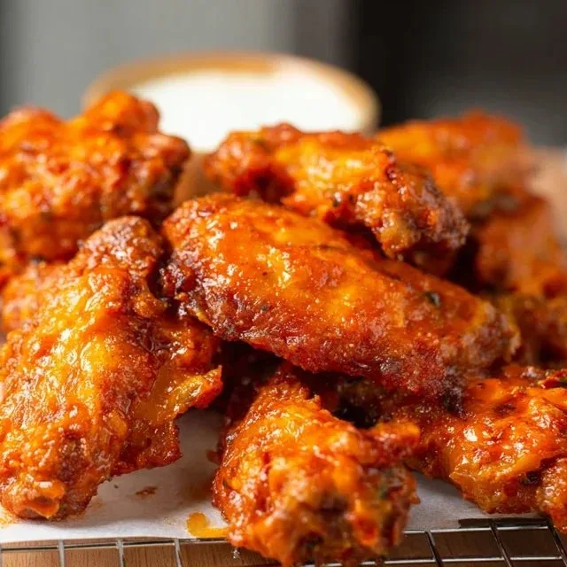 Crispy double air fried buffalo chicken wings served with dipping sauce