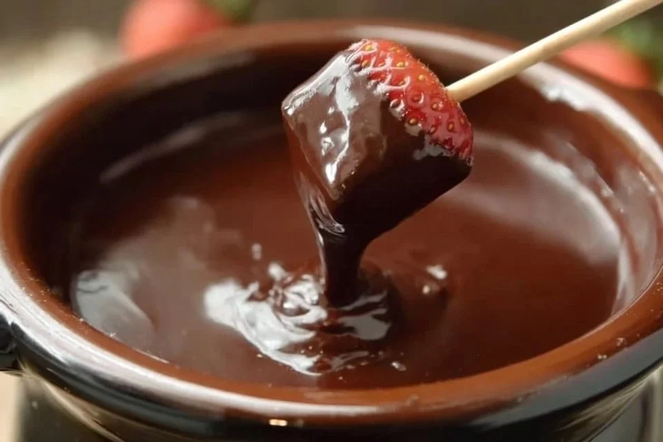 Rich and creamy chocolate fondue made in a crock pot, served with fruits and treats.