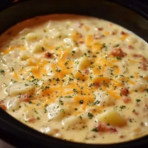 Bowl of creamy Crock Pot Crack Potato Soup topped with cheese and green onions