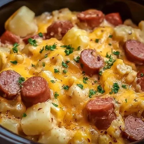 Crockpot Cheesy Potatoes and Kielbasa dish served in a bowl