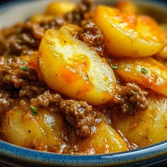 Crockpot Hamburger Potato Casserole served in a dish with cheese and herbs.