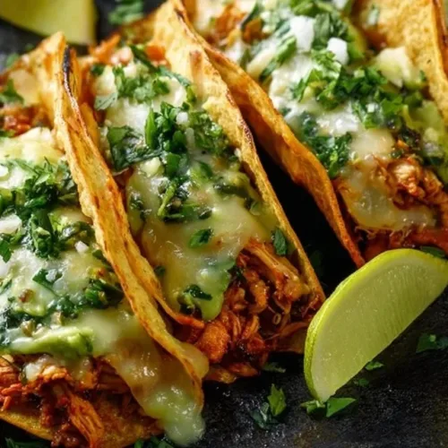 Crunchy chicken tacos with poblano and avocado jalapeño salsa