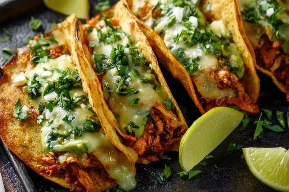 Crunchy chicken tacos with poblano and avocado jalapeño salsa