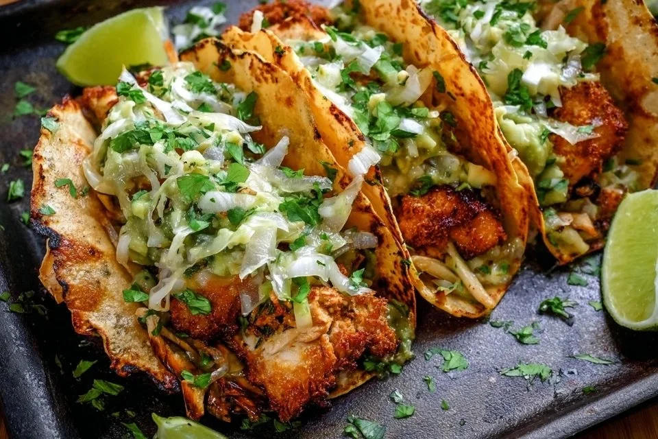 Crunchy Chicken Tacos with Poblano and Avocado Jalapeño Salsa