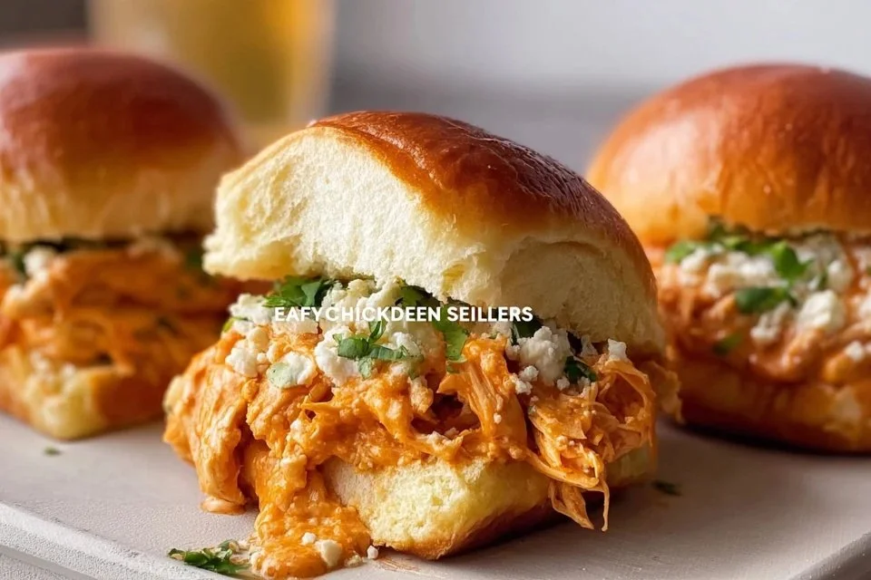 Delicious Easy Buffalo Chicken Sliders served on a platter with garnishes.