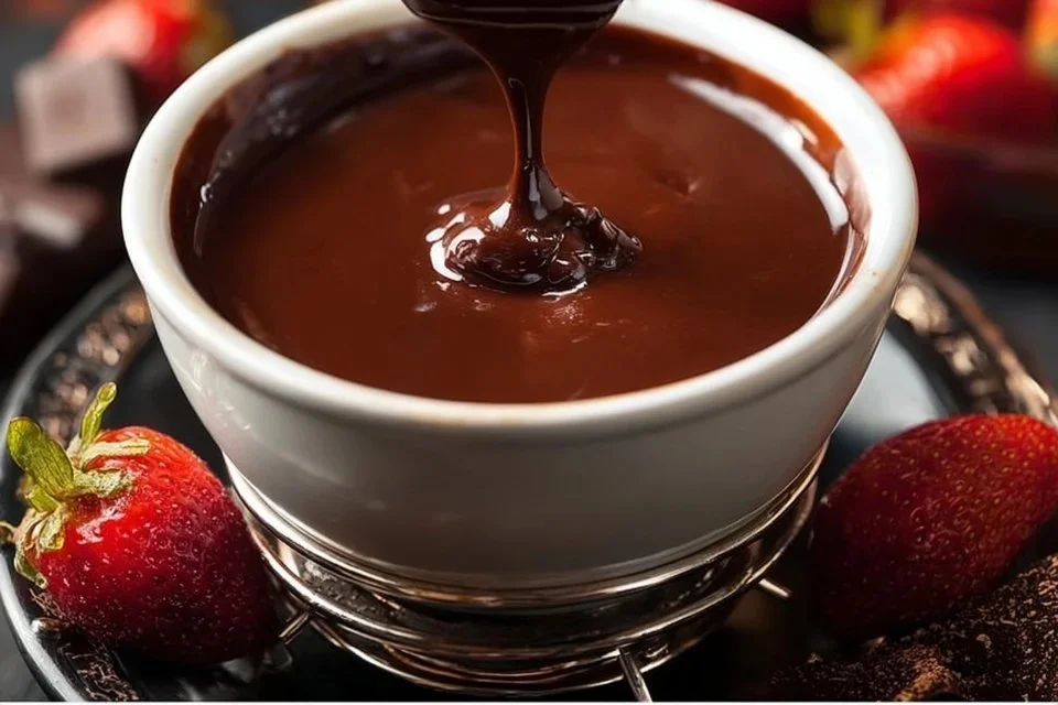 Bowl of easy chocolate fondue with strawberries and marshmallows for dipping
