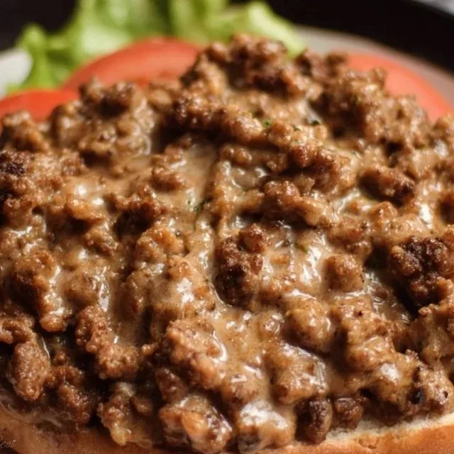 Easy Hamburger Beef Stroganoff served in a bowl with pasta and garnished