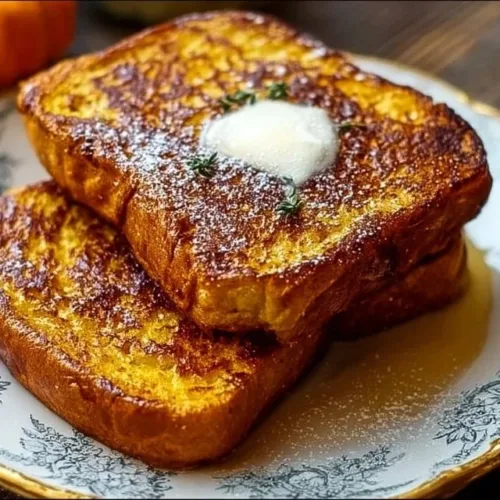 Delicious Fall Pumpkin French Toast topped with maple syrup and whipped cream