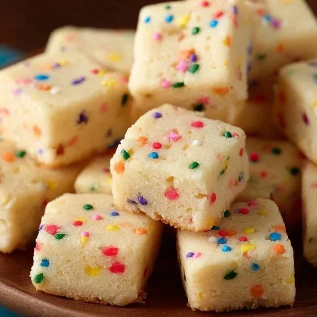 Plate of colorful Funfetti Shortbread Bites with sprinkles.