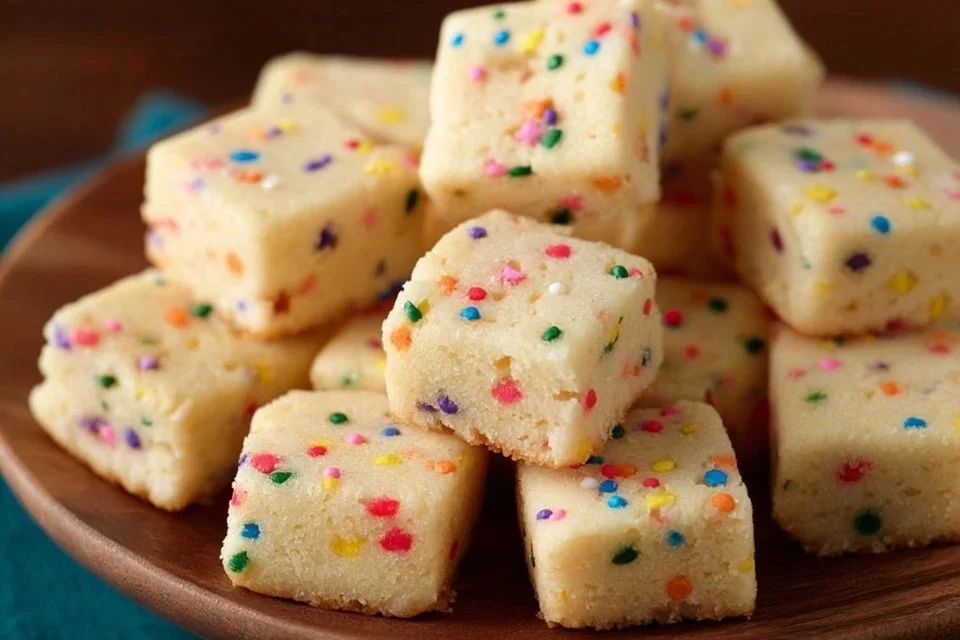 Plate of colorful Funfetti Shortbread Bites with sprinkles.