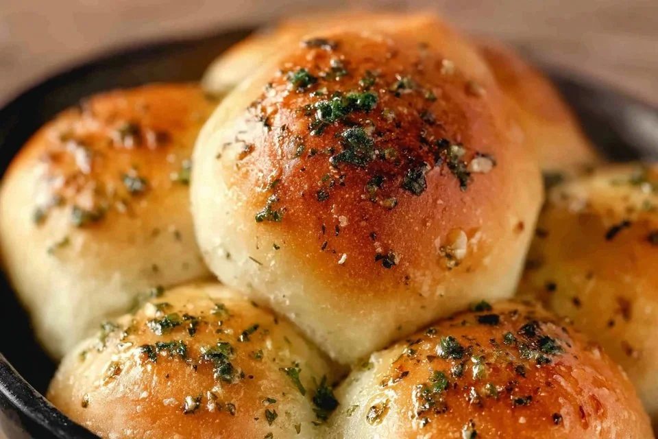 Freshly baked garlic bread rolls served on a wooden platter with herbs.