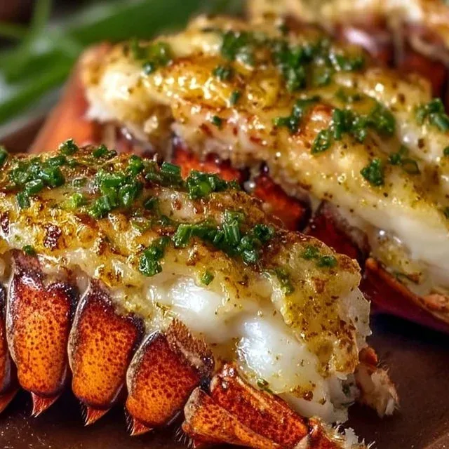 Succulent garlic butter lobster tails served on a plate with herbs