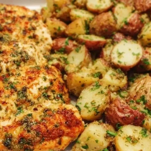 Garlic Parmesan Chicken served with roasted potatoes on a plate