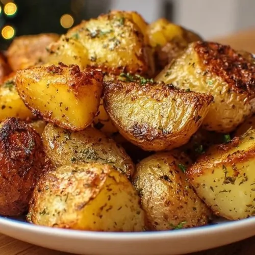 Crispy Garlic Roast Potatoes served on a white plate with herbs