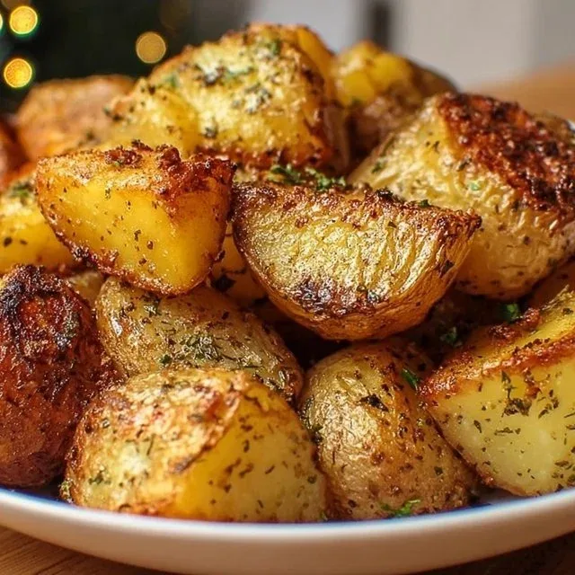 Crispy Garlic Roast Potatoes served on a white plate with herbs