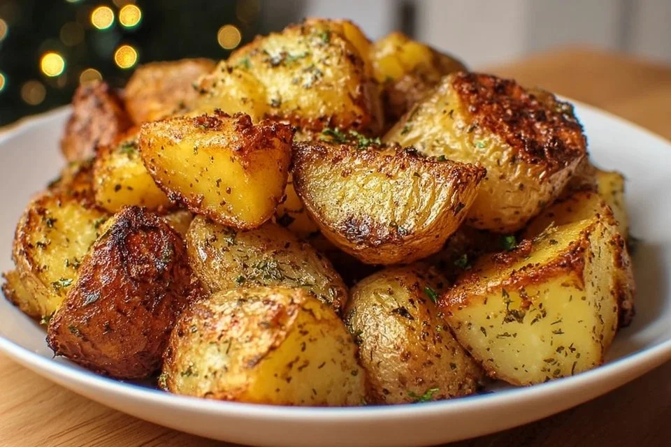 Crispy Garlic Roast Potatoes served on a white plate with herbs