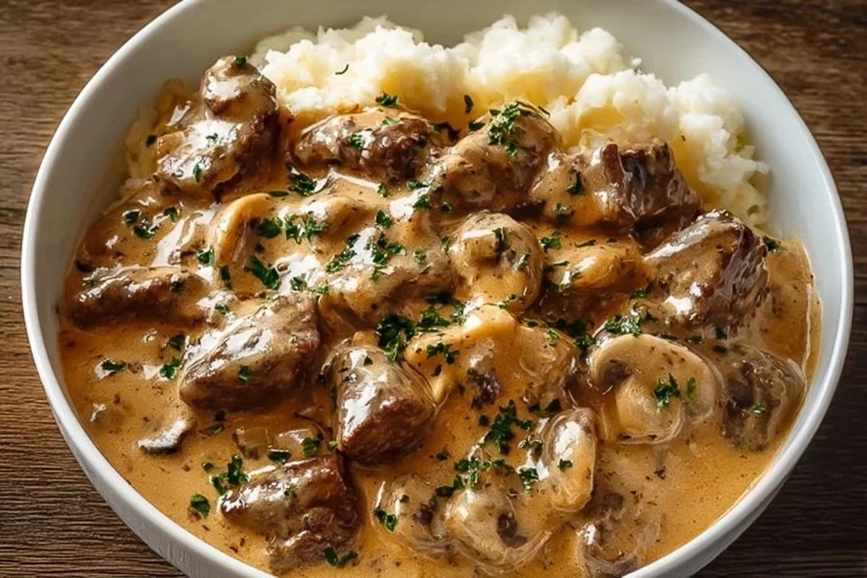 Gordon Ramsay's Beef Stroganoff served in a bowl with garnishes.
