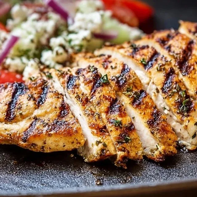 Delicious Greek Marinated Chicken garnished with herbs and lemon slices