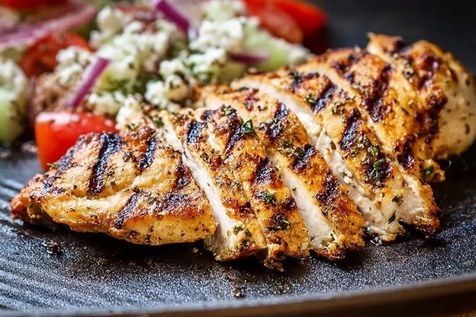 Delicious Greek Marinated Chicken garnished with herbs and lemon slices