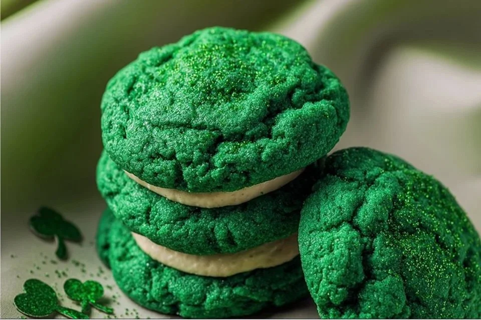 Plate of freshly baked green velvet cookies topped with cream cheese frosting