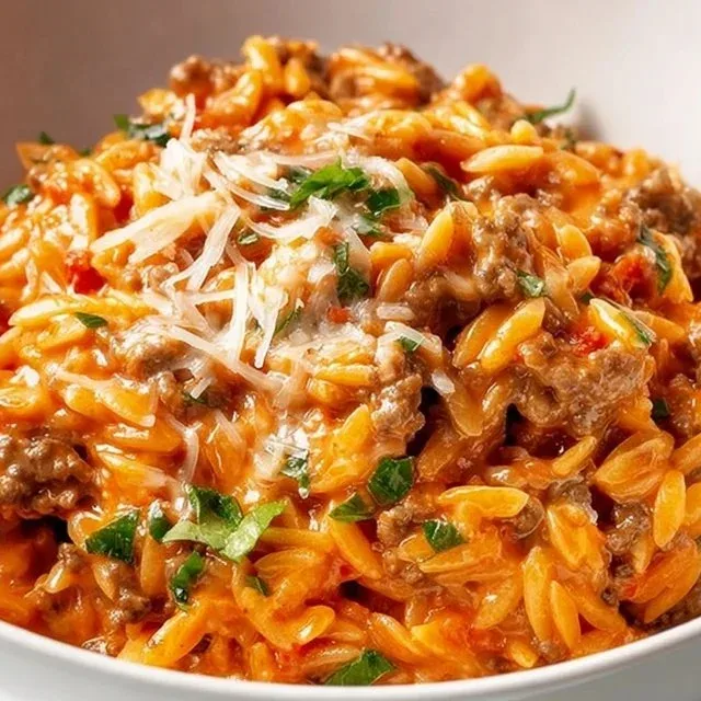 Ground Beef Orzo with Tomato Cream Sauce served in a bowl