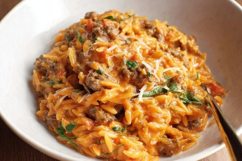 Ground Beef Orzo with Tomato Cream Sauce