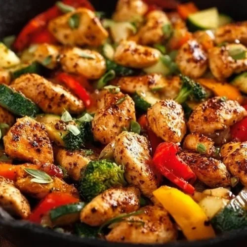 Healthy chicken and vegetables skillet dish with colorful veggies