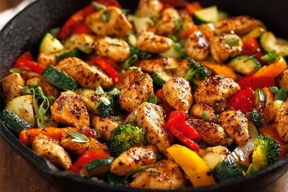 Healthy chicken and vegetables skillet dish with colorful veggies