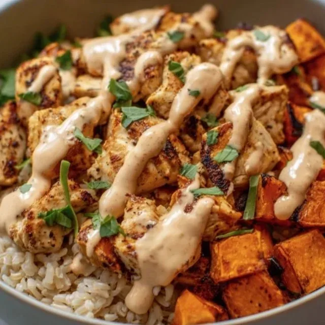 Healthy chicken and sweet potato rice bowl topped with fresh vegetables