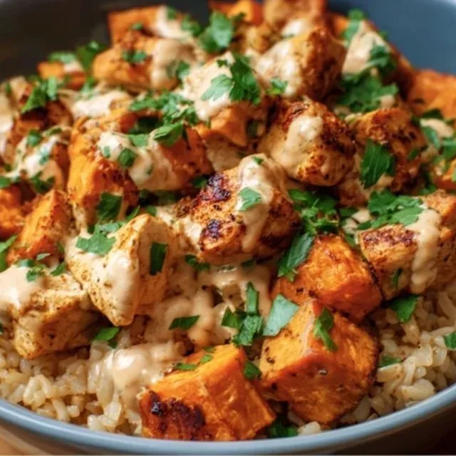 Healthy chicken and sweet potato rice bowl for a nutritious meal