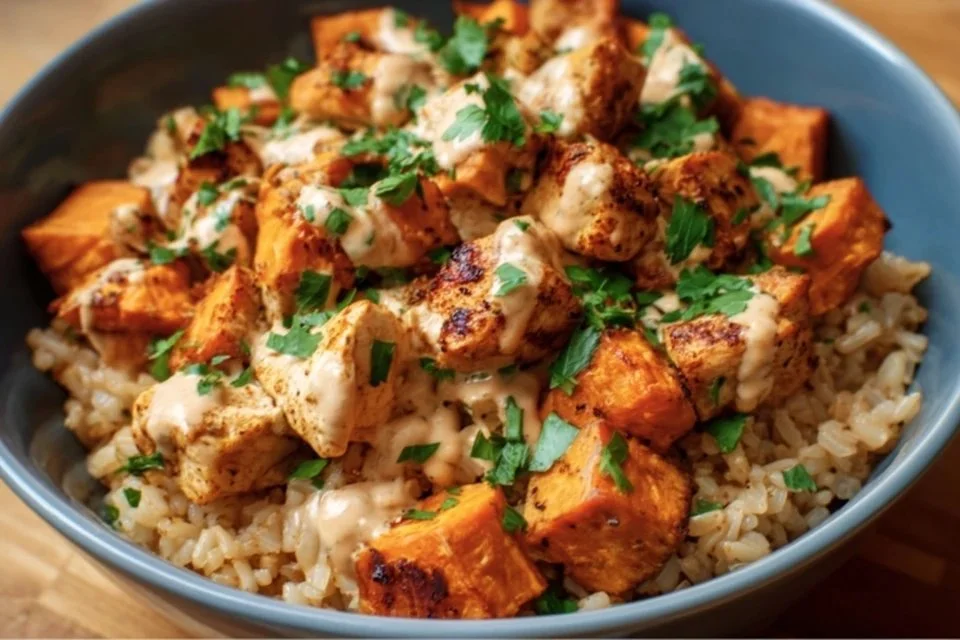 Healthy chicken and sweet potato rice bowl for a nutritious meal